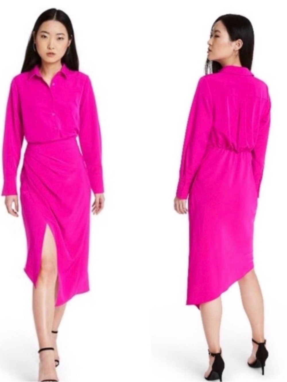 Cushnie Hot Pink Long Sleeve Shirt Dress with Side Slit